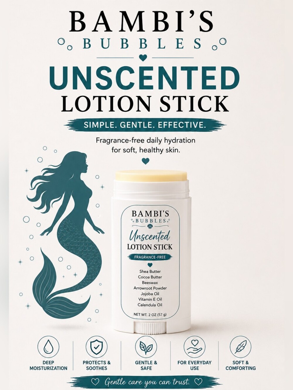 New! Bambi's Bubbles Unscented Lotion Stick 2oz